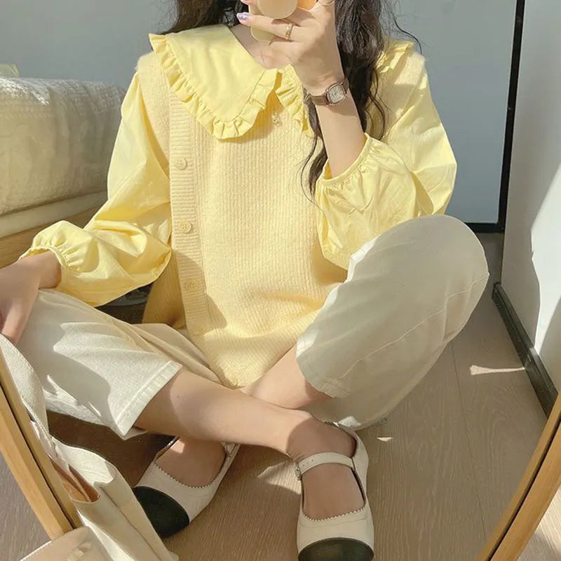 Solid Simple Blouse for Women Korean Chic Trendy Single-Breasted Ruffles Shirt Casual Sweet Big Turndown Collar Student Shirts