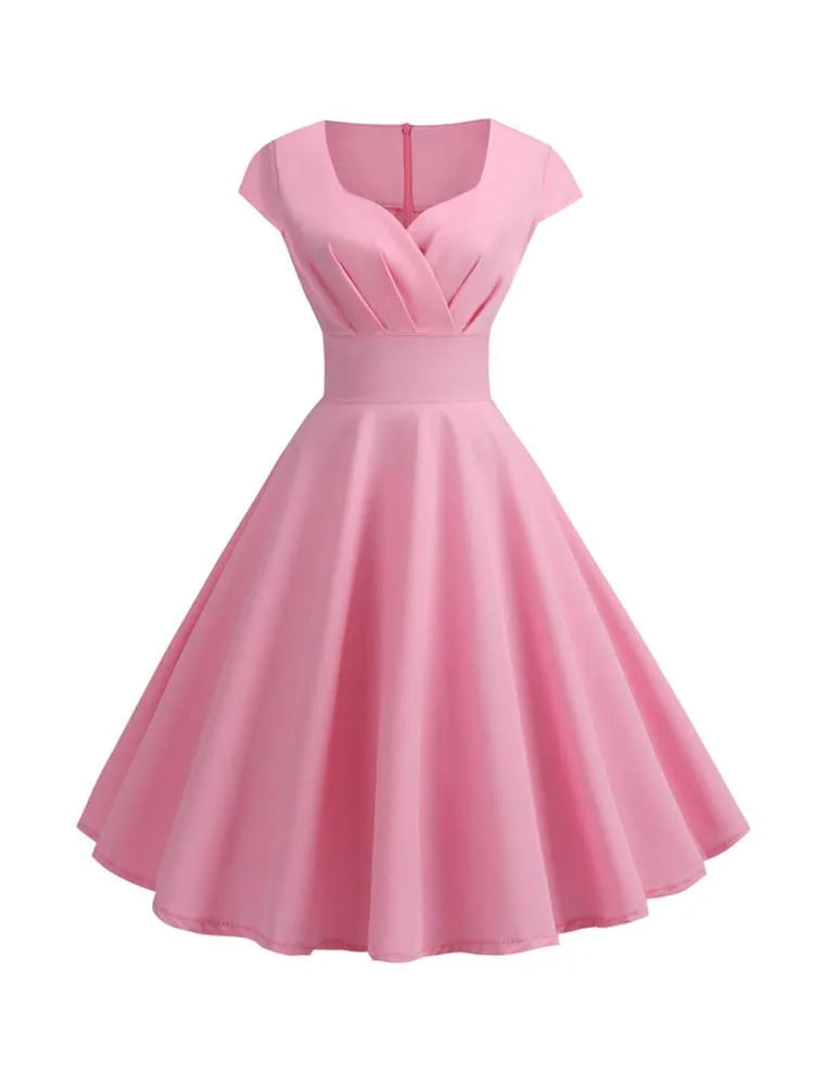 สีชมพูฤดูร้อนชุดผู้หญิง V คอ Big Swing ชุดวินเทจ Robe Femme Elegant Retro pin up Party Office Midi ชุด