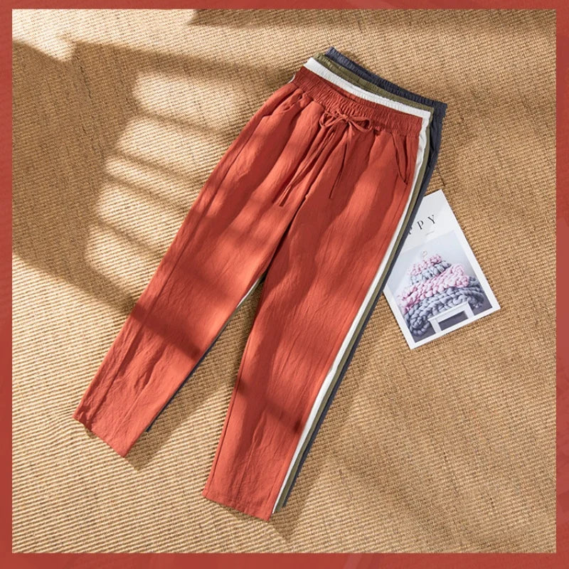 Womens Spring Summer Pants Cotton Linen Solid Elastic waist Candy Colors Harem Trousers Casual Female Pants