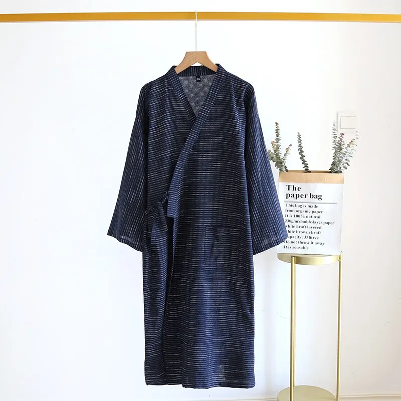 Spring And Summer New Style Japanese Kimono Men's Bathrobe 100%Cotton Striped Nightgown Plus Size Yukata Home Sweat Steaming Set