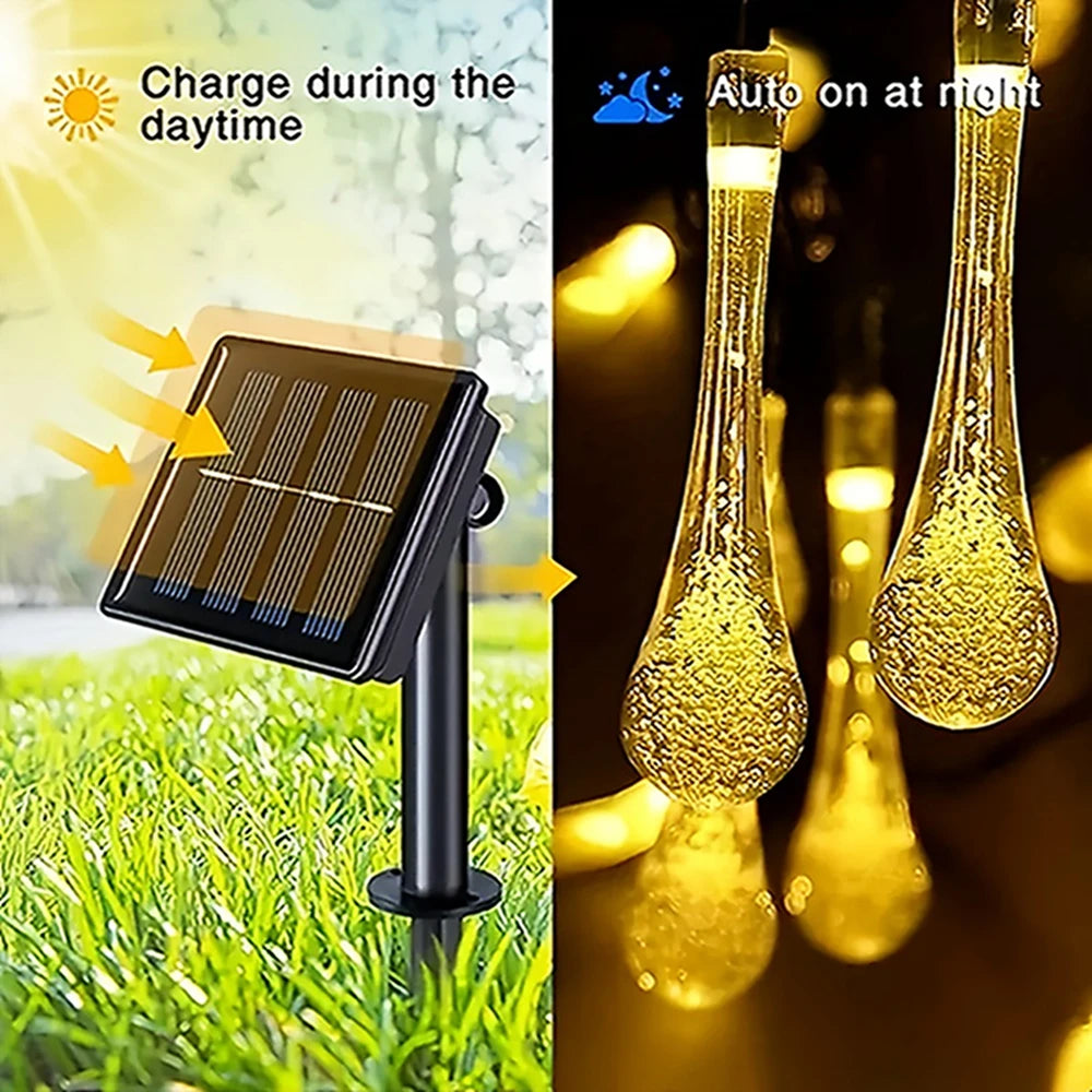 LED Light Solar Powered Water Droplet Style String Lamp Outdoor Waterproof Festival Decoration Bubble Fun Fashion
