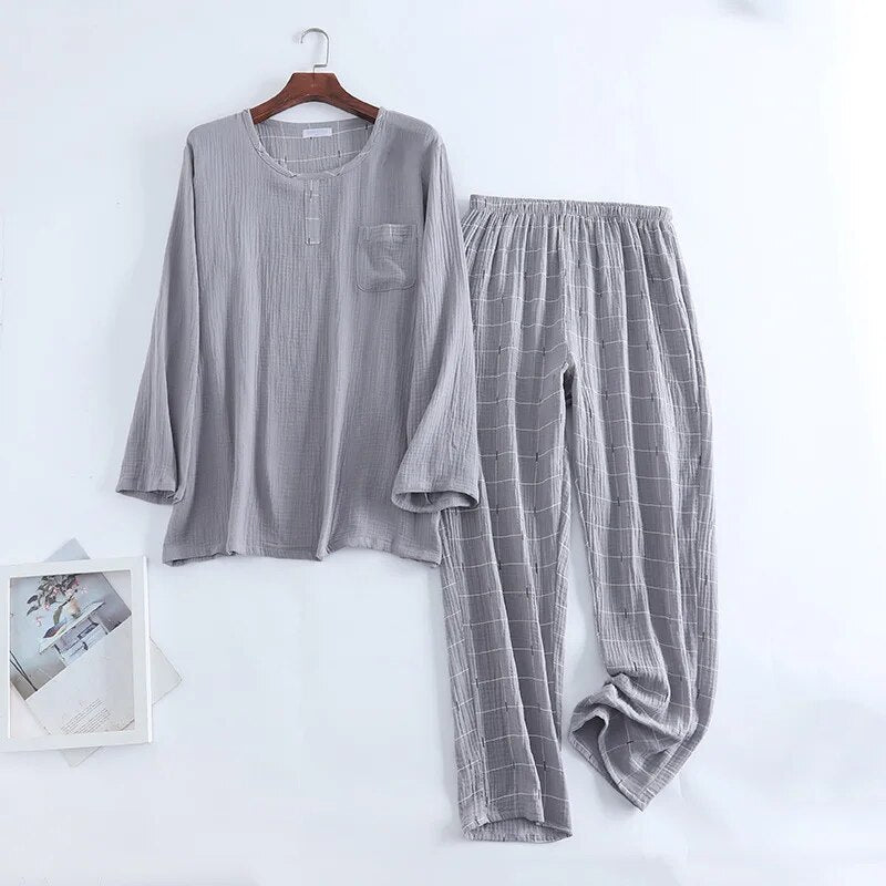 New spring and autumn men's 100% cotton crepe round neck plaid pajamas two-piece long-sleeved trousers plus size loungewear suit