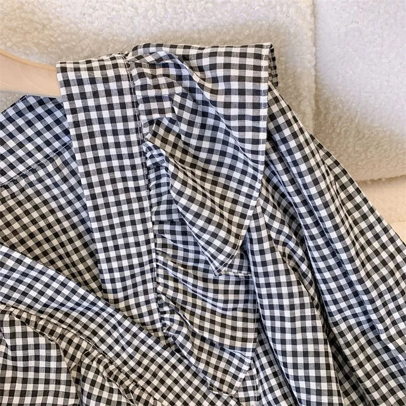 Plaid Blouses Women V-neck Vintage Ruffles Sweet All-match Korean Style Tender Simple Fashion Chic Korean Style Students Casual