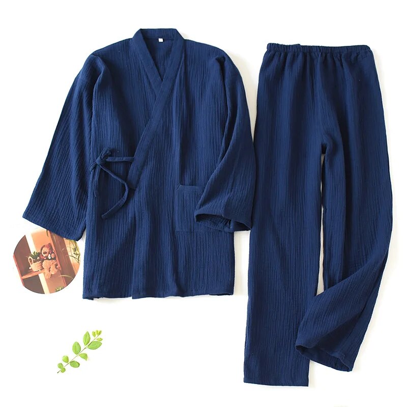 2023 ชุดกิโมโนญี่ปุ่นชุดผ้าฝ้าย 100% ชุดนอน 2 ชิ้นคู่ Yukata หลวมผู้ชายและผู้หญิงเหงื่อนึ่งชุดบริการบ้านชุด