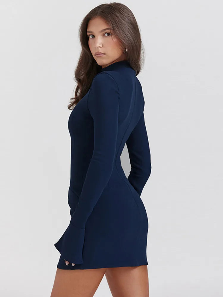 BB0001 Mozision Dark Blue Two Pocket Sexy Mini Dress For Women 2023 Autumn Winter New Long Sleeve Bodycon Club Party Dress Elegant