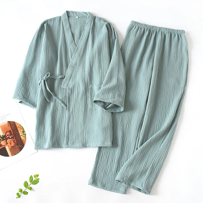 2023 Japanese Kimono Set 100%Cotton Pajamas Two-piece Couple Yukata Loose Men's And Women's Sweat Steaming Suit Home Service Set