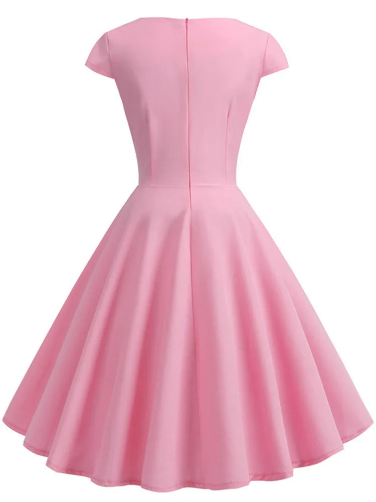 สีชมพูฤดูร้อนชุดผู้หญิง V คอ Big Swing ชุดวินเทจ Robe Femme Elegant Retro pin up Party Office Midi ชุด