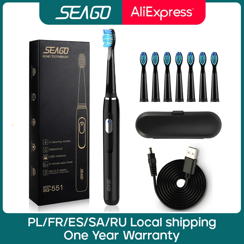 Seago Sonic แปรงสีฟันไฟฟ้าแบบชาร์จไฟได้พร้อมหัวแปรงเปลี่ยน 3 หัวจับเวลา 2 นาทีและ 4 โหมดการแปรงกันน้ำ SG551