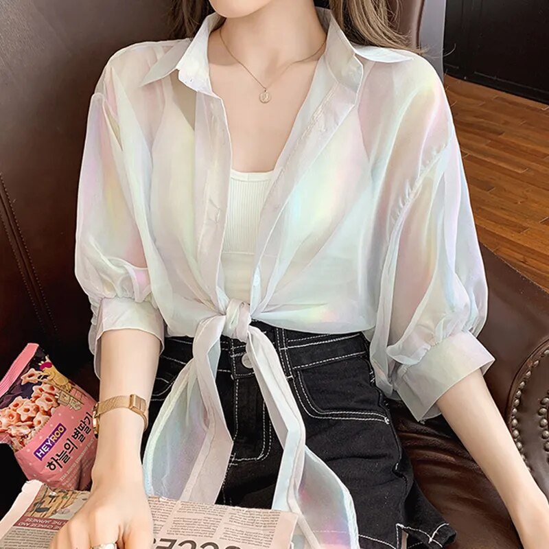 HELIAR Buttoned Up Shirts Women Half Sleeve Shining Sparkles Tied Waist Sexy Chiffon Blouses Shirts For Women 2023 Summer Autumn