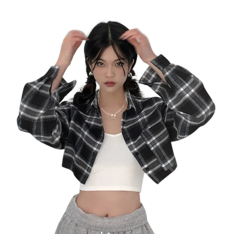 Korea Style Women's Casual Plaid Turn-down Collar Shirts Fall/Spring Girly Long Sleeve Loose Fit Versatile Cropped Blouse