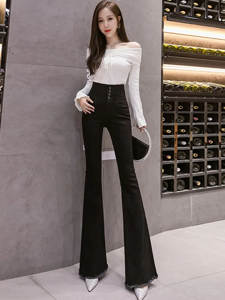 Fashion Women's Jeans 2022 Autumn New High Waist Slimming Tight-breasted Raw Edge Stretch Flared Trousers Korean Women Clothing