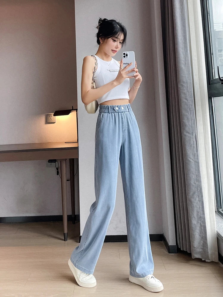 Wide Leg Ice Silk Jeans Women Summer Soft High Waist Pants Femme Thin Loose Casual Trousers Cool Denim Pants Mujer Light Blue