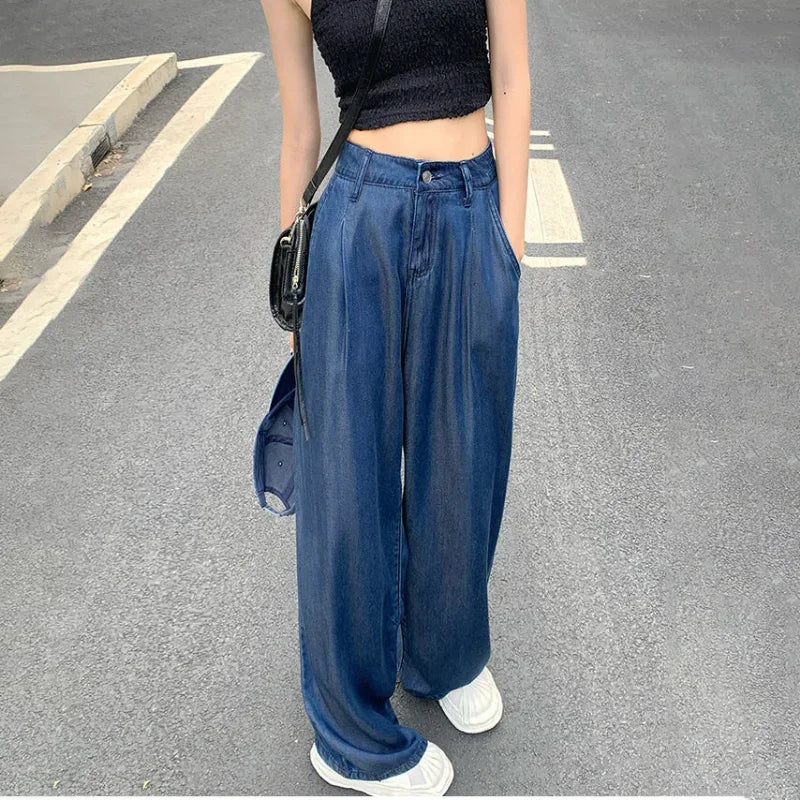 Ultra Thin กางเกงยีนส์สีน้ำเงินเข้มเอวสูง Draped ขากว้างกางเกงยีนส์กางเกงผู้หญิงฤดูร้อนหลวมตรงผ้าไหมน้ำแข็งสบายๆกางเกง streetwear