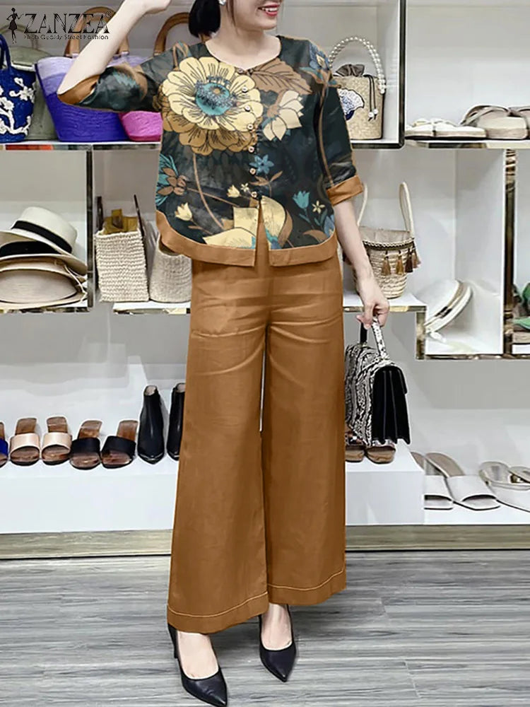 ZANZEA Summer Bohemian Floral Printed Blouse Pants Suits Fashion 2PCS Women Outifits Casual Tracksuits Wide Leg Trousers Sets
