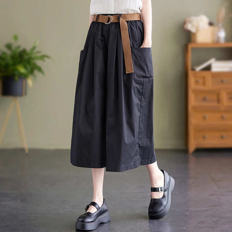 High Waist Pure Cotton Culottes Capris Pants Pockets Korea Style Lady Summer Casual Pants Sashes Slim Women Wide Leg Pants