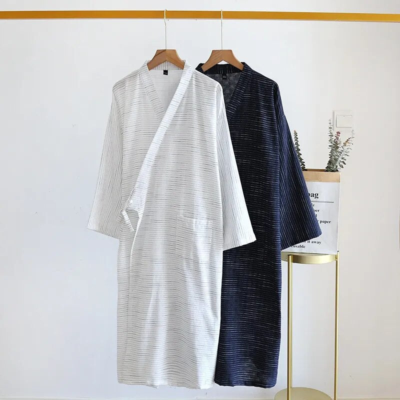 Spring And Summer New Style Japanese Kimono Men's Bathrobe 100%Cotton Striped Nightgown Plus Size Yukata Home Sweat Steaming Set