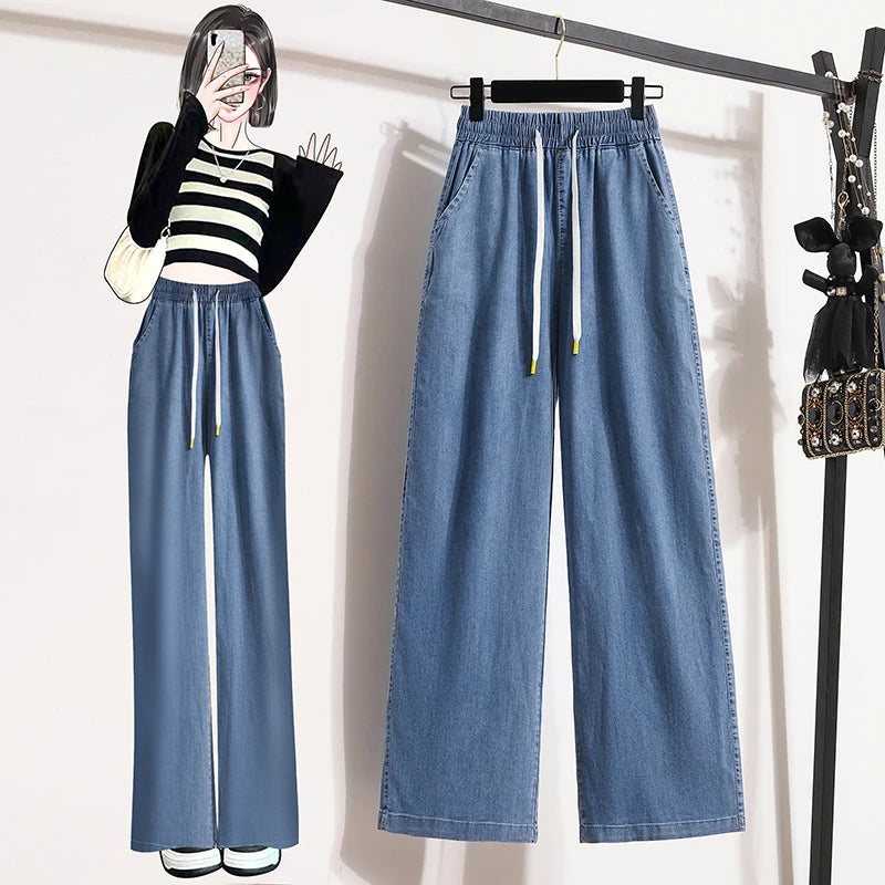 Summer Soft Ice Silk Jeans Women Elastic Waist Wide Leg Pants Femme Thin Loose Casual Ankle Length Cool Denim Pants Mujer Blue
