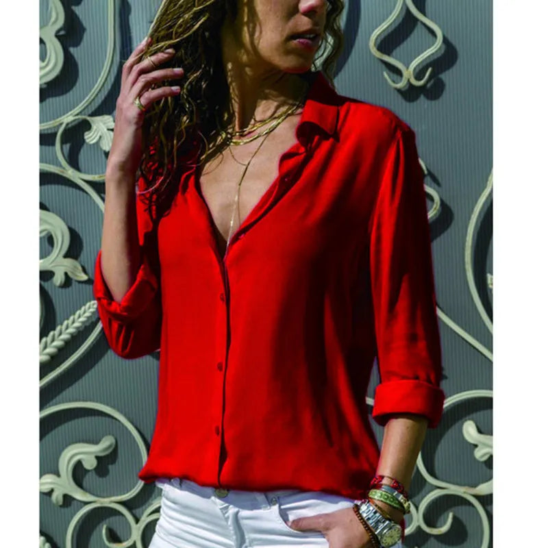 Spring/ Autumn Casual Blouse Long Sleeve Elegant Mujer Tops Single Row Button Camisa Clothes Streetwear Women Black Red Shirt
