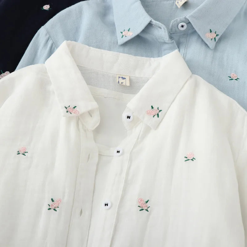 Floral Embroidery Women Office Shirts Autumn White Blouses Casual Ladies Tops Female Blusas Camisa Double Cotton Yarns Clothes