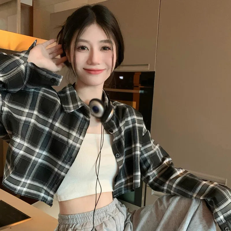 Korea Style Women's Casual Plaid Turn-down Collar Shirts Fall/Spring Girly Long Sleeve Loose Fit Versatile Cropped Blouse