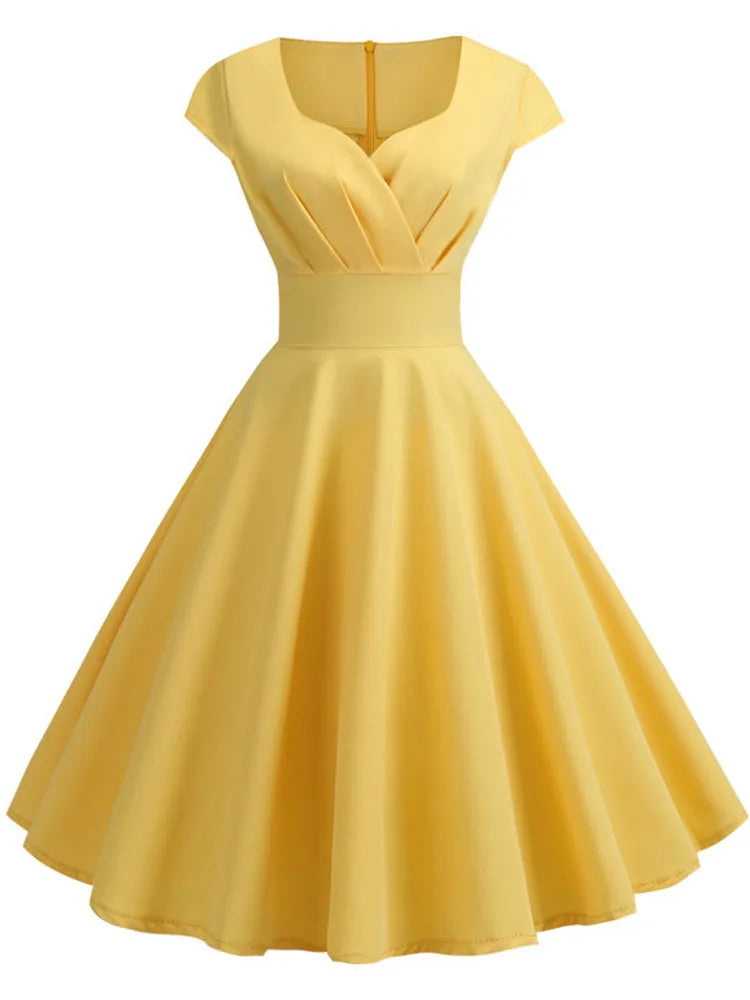 สีชมพูฤดูร้อนชุดผู้หญิง V คอ Big Swing ชุดวินเทจ Robe Femme Elegant Retro pin up Party Office Midi ชุด