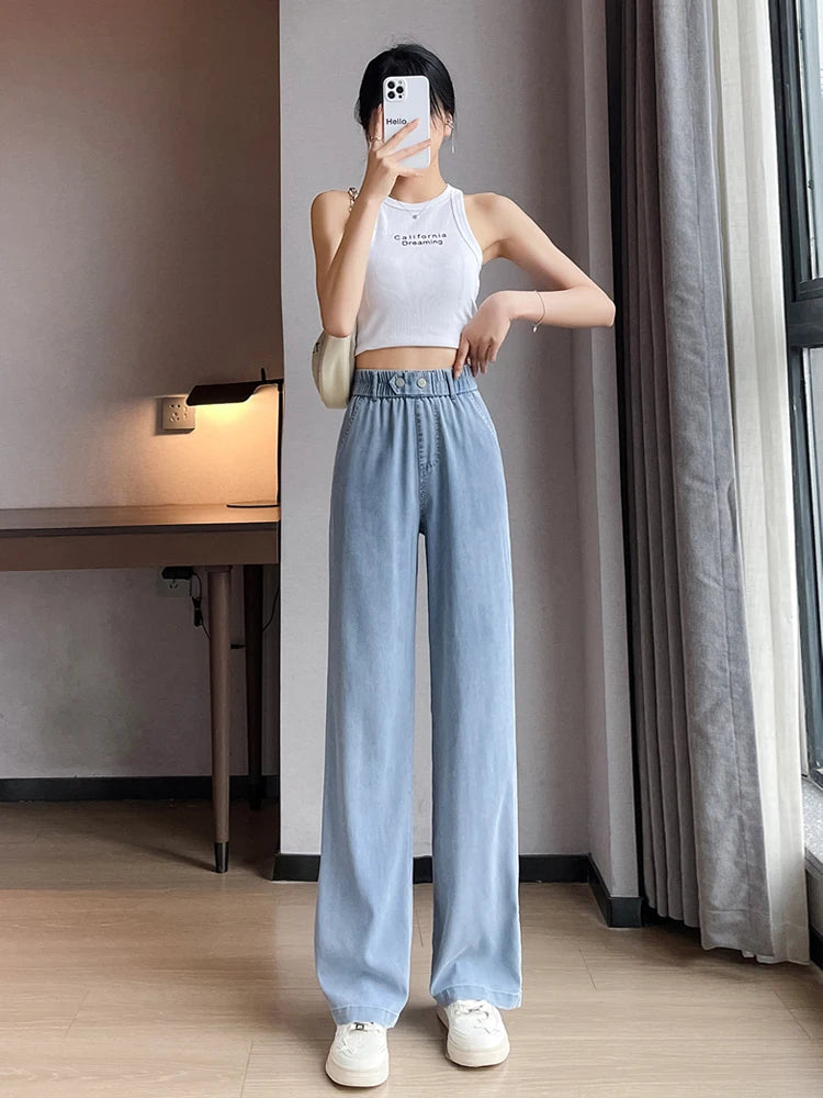 Wide Leg Ice Silk Jeans Women Summer Soft High Waist Pants Femme Thin Loose Casual Trousers Cool Denim Pants Mujer Light Blue