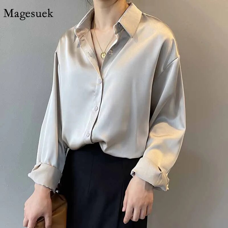 Silk Korean Office Ladies Elegant Shirt Blouse Women Fashion Button Up Satin Shirt Vintage White Long Sleeve Shirts Tops 11355