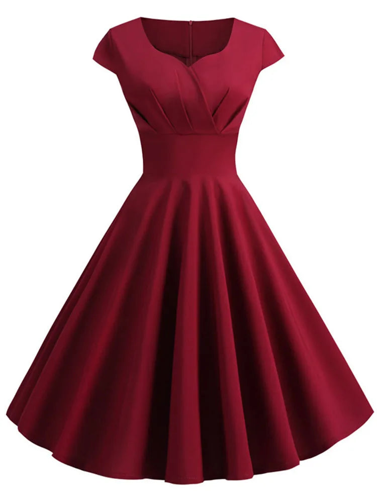 สีชมพูฤดูร้อนชุดผู้หญิง V คอ Big Swing ชุดวินเทจ Robe Femme Elegant Retro pin up Party Office Midi ชุด