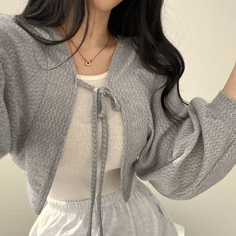 Lucyever White Knitted Cardigan Women Summer Thin Sunscreen Lace-Up Knitwear Tops Female Korean Style Lantern Sleeve Short Coat