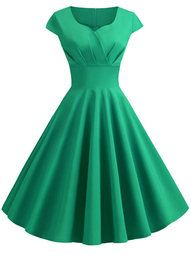 สีชมพูฤดูร้อนชุดผู้หญิง V คอ Big Swing ชุดวินเทจ Robe Femme Elegant Retro pin up Party Office Midi ชุด