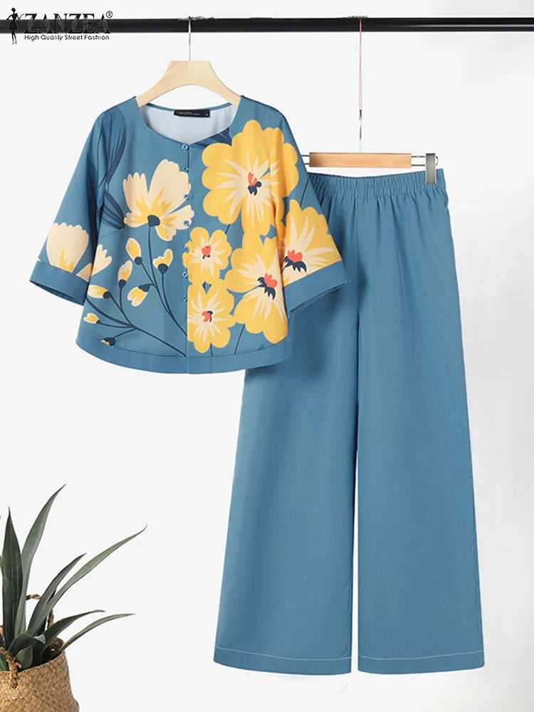 ZANZEA Summer Bohemian Floral Printed Blouse Pants Suits Fashion 2PCS Women Outifits Casual Tracksuits Wide Leg Trousers Sets