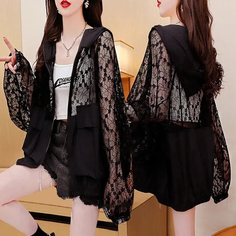 Fashion Lace Hollow Out Sun Sunscreen Clothes Female 2023 Summer New Casual Long Sleeve Hooded Coat Women Loose Outerwear H2786