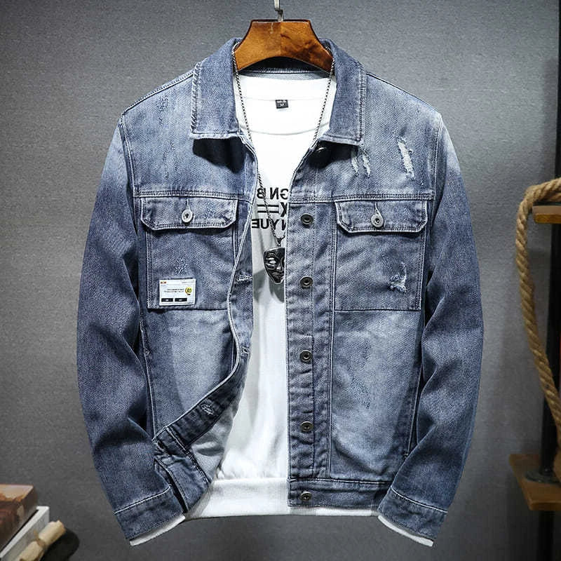 Male Jean Coats Blue Ripped Men's Denim Jacket Wide Shoulders with Hole Menswear Clothing Cheap Price Stylish Fashion of Fabric