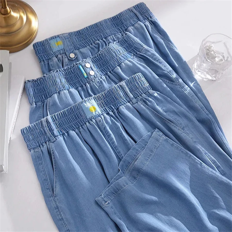Oversize 4xl Ice Silk Baggy Jeans Summer Thin Streetwear High Waist Denim Pants Women Korean Casual Vintage Wide Leg Vaqueros