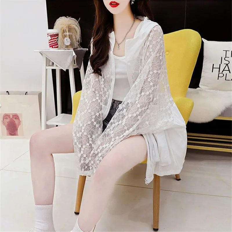 Fashion Lace Hollow Out Sun Sunscreen Clothes Female 2023 Summer New Casual Long Sleeve Hooded Coat Women Loose Outerwear H2786