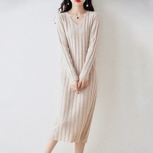 Women Clothing 100% Wool Knitted Dresses  New Arrival Winter/ Autumn V-neck  Long Style 6Colors Female Jumpers