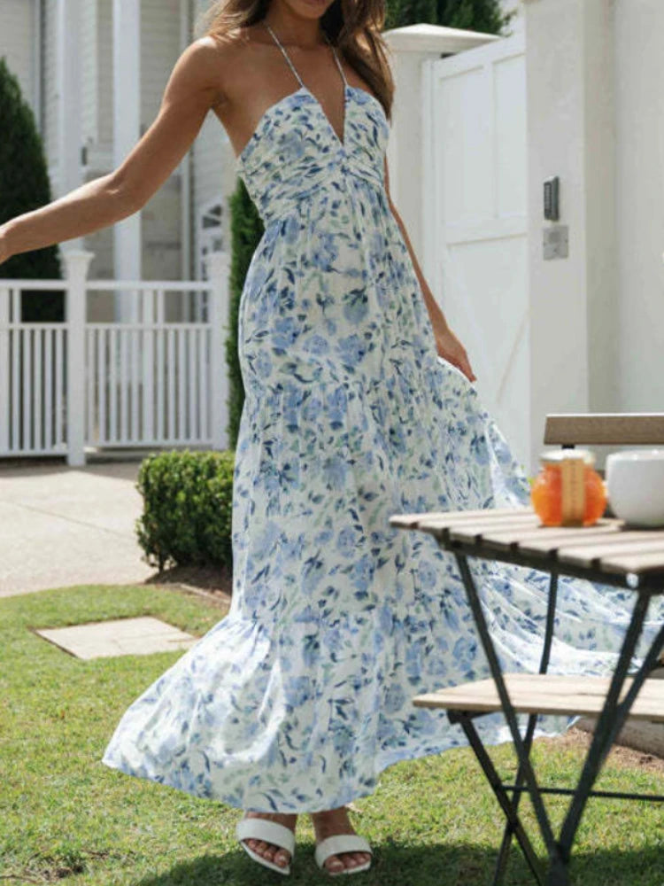 ผู้หญิงฤดูร้อนชีฟอง Halter V คอแขนกุดลายดอกไม้ Flowy ชุด Maxi Boho เปลือยฉัตร Swing Long Beach Dresses