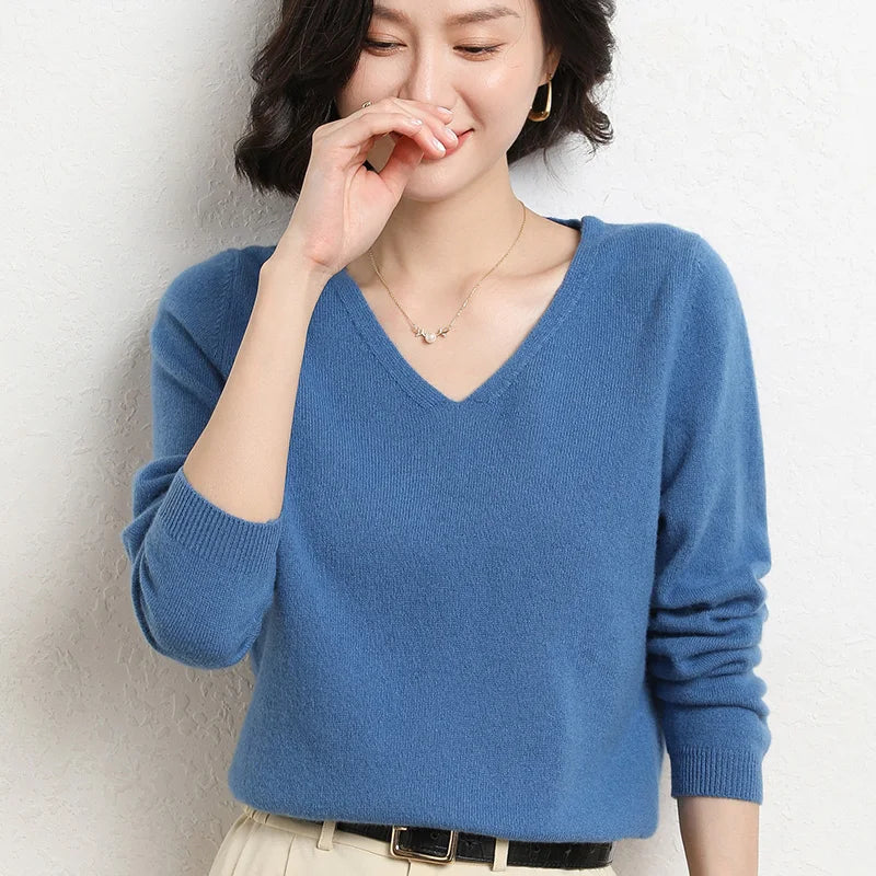 Spring and Autumn Cashmere Sweater Women's  Pullover V-neck Women's Pullover Knitted Top Women's Long Sleeve Cashmere Sweater