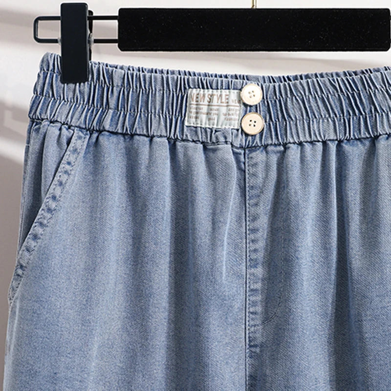 Summer Soft Ice Silk Jeans Women Elastic Waist Wide Leg Pants Femme Thin Loose Casual Ankle Length Cool Denim Pants Mujer Blue