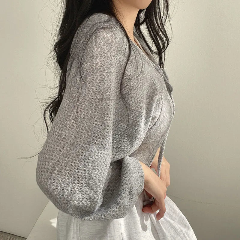 Lucyever White Knitted Cardigan Women Summer Thin Sunscreen Lace-Up Knitwear Tops Female Korean Style Lantern Sleeve Short Coat