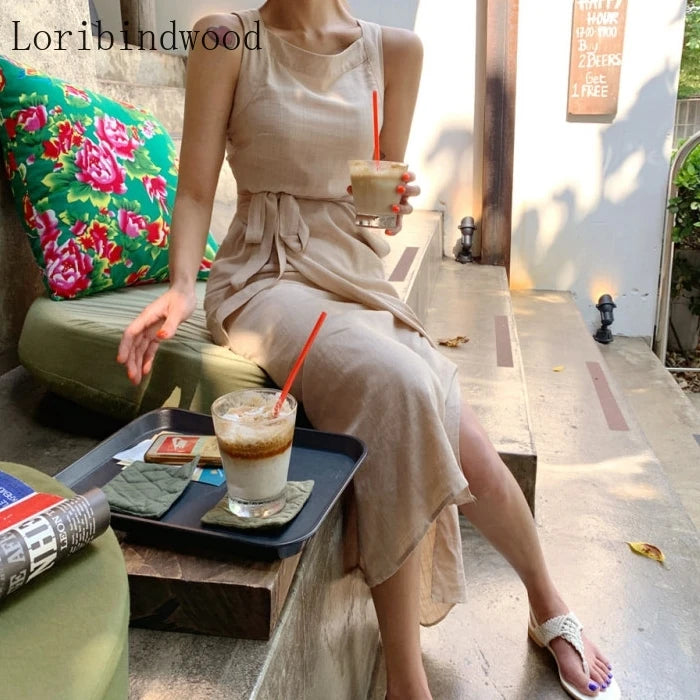2023 New arrival Fashion Elegant Sleeveless Dress For Women O Neck Sleeveless High Waist Summer Solid Midi Dresses