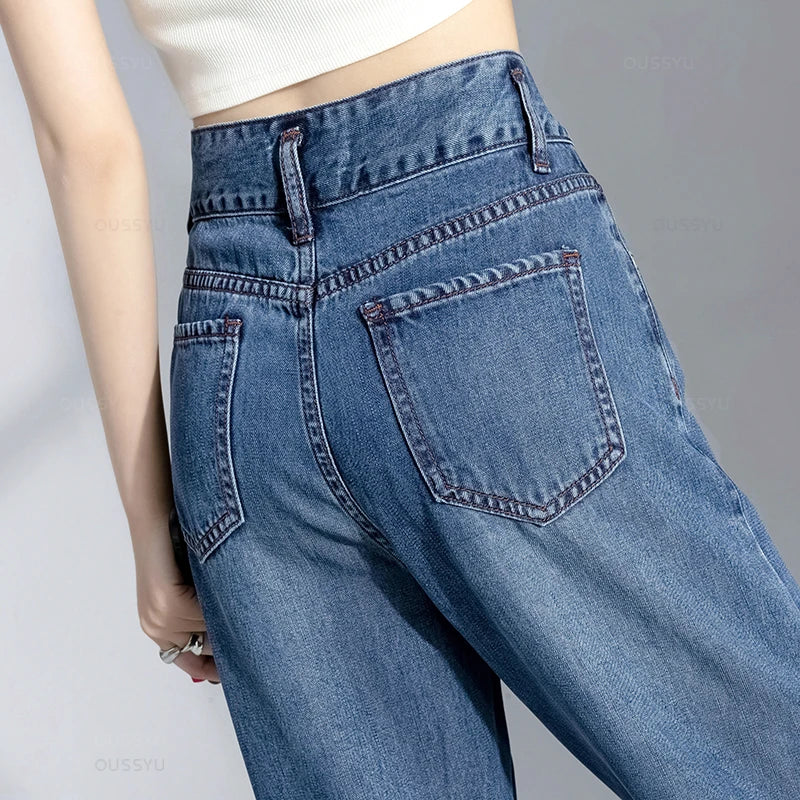 Summer Lyocell Thin Women's Wide-Leg Jeans High Waist Slimming Design High Street Mopping Trousers Loose Straight Pants Fashion