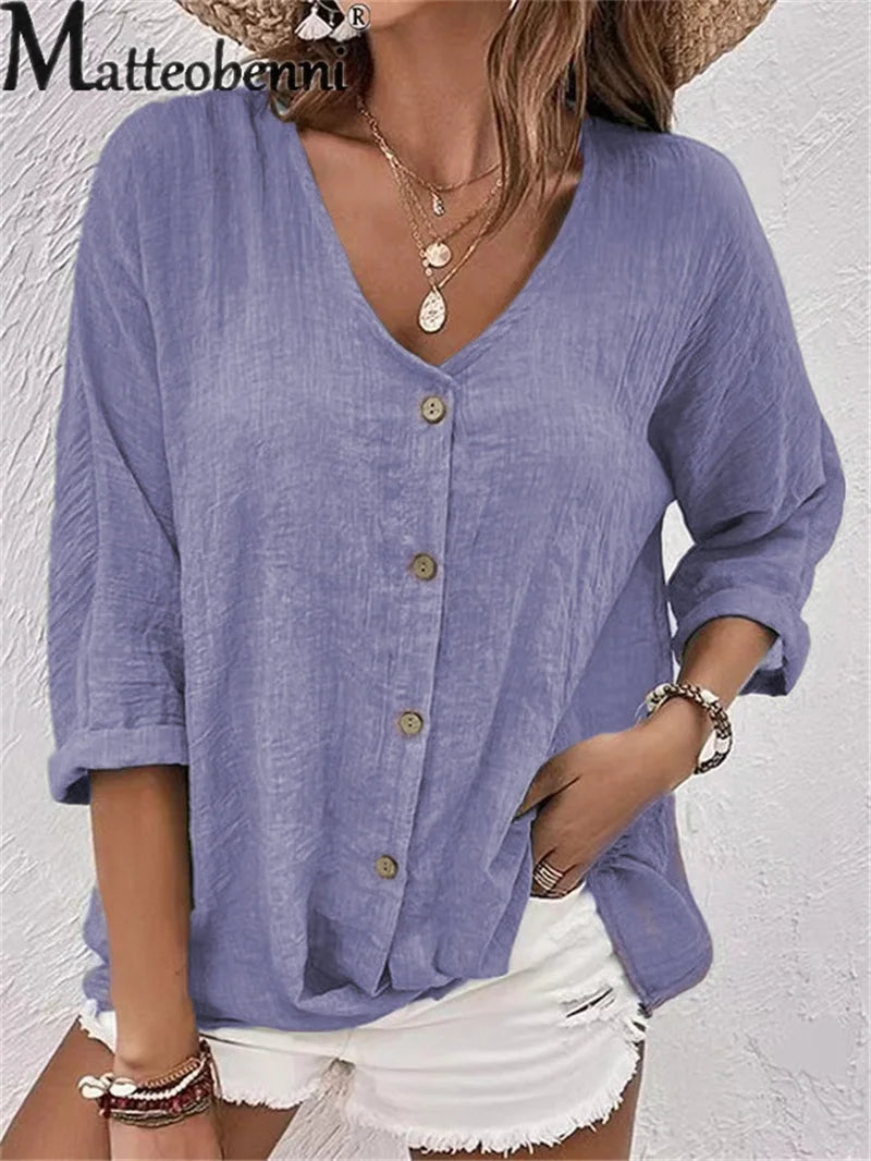 Elegant V Neck Single-breasted Cardigan Shirt Women Comfortable Cotton Linen Loose Blouse Ladies Commuter Casual Tops Large Size
