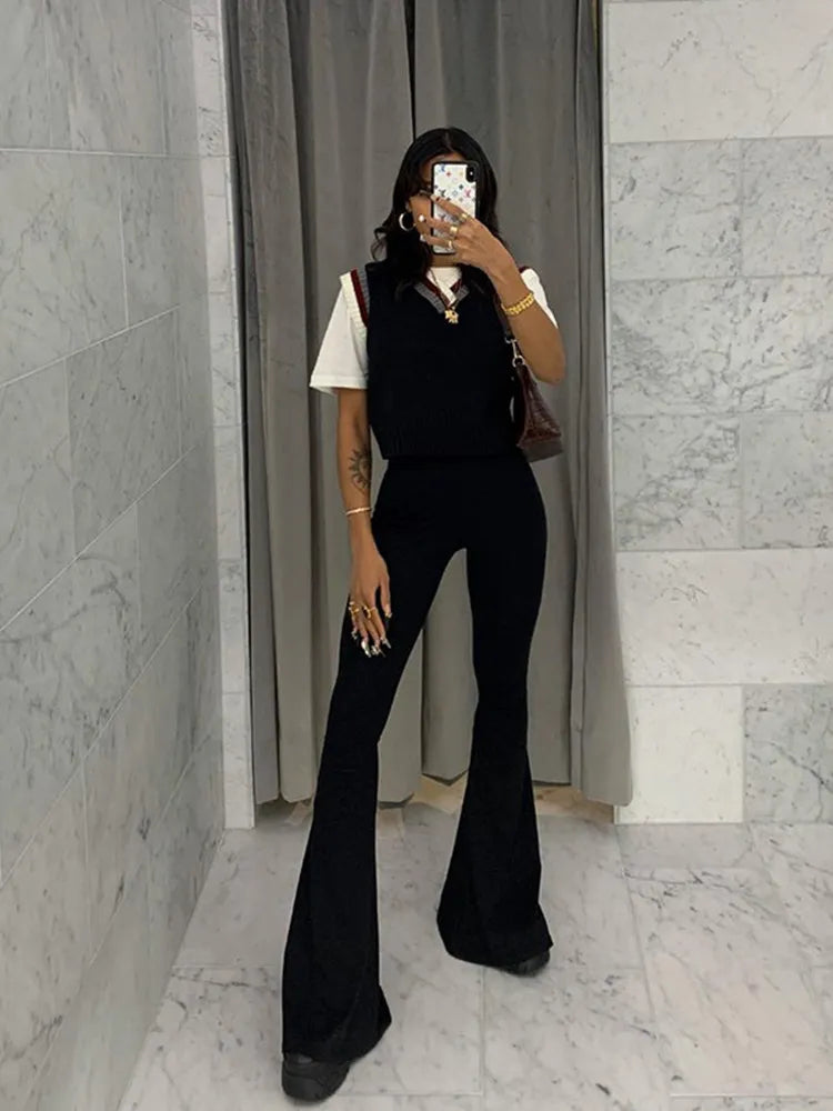 Solid Black Woman Pants Slim Fitting High Waisted Streetwear Casual Flare Pants Women Clothes Full Length Capris Trousers Women