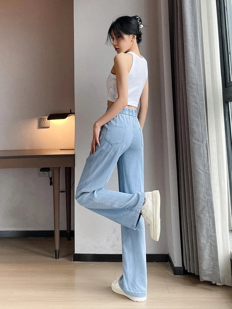 Wide Leg Ice Silk Jeans Women Summer Soft High Waist Pants Femme Thin Loose Casual Trousers Cool Denim Pants Mujer Light Blue