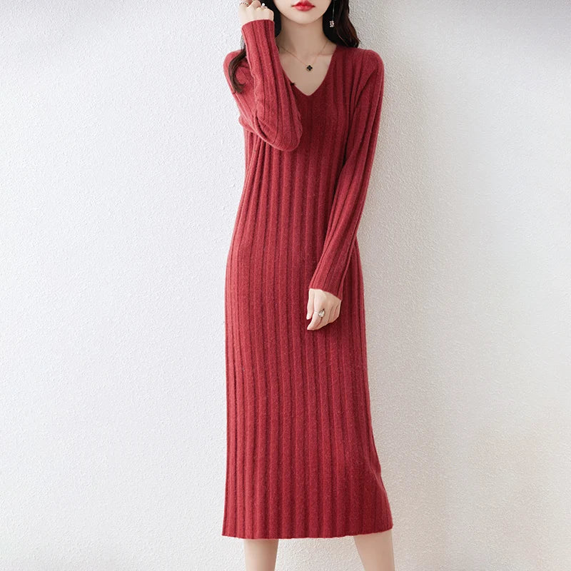 Women Clothing 100% Wool Knitted Dresses  New Arrival Winter/ Autumn V-neck  Long Style 6Colors Female Jumpers