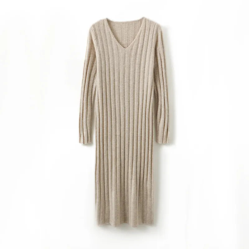 Women Clothing 100% Wool Knitted Dresses  New Arrival Winter/ Autumn V-neck  Long Style 6Colors Female Jumpers