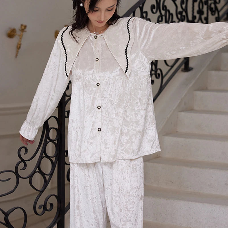 New Velvet Women 2Pcs Pajamas Set Sleepwear Autumn Winter Velour Nightwear Pijamas Suit French Style Loose Home Wear Pyjama