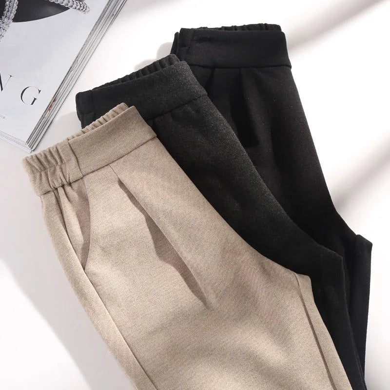3 Colors Woolen Pants Women's Harem Pencil Pants 2023 Autumn Winter High Waist Elastic Korean Style Lady Suit Pants Trousers