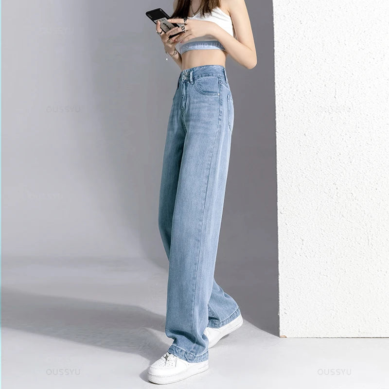 ฤดูร้อนLyocellบางกางเกงยีนส์ขากว้างของผู้หญิงเอวสูงSlimming Design High Street Moppingกางเกงหลวมตรงกางเกงแฟชั่น